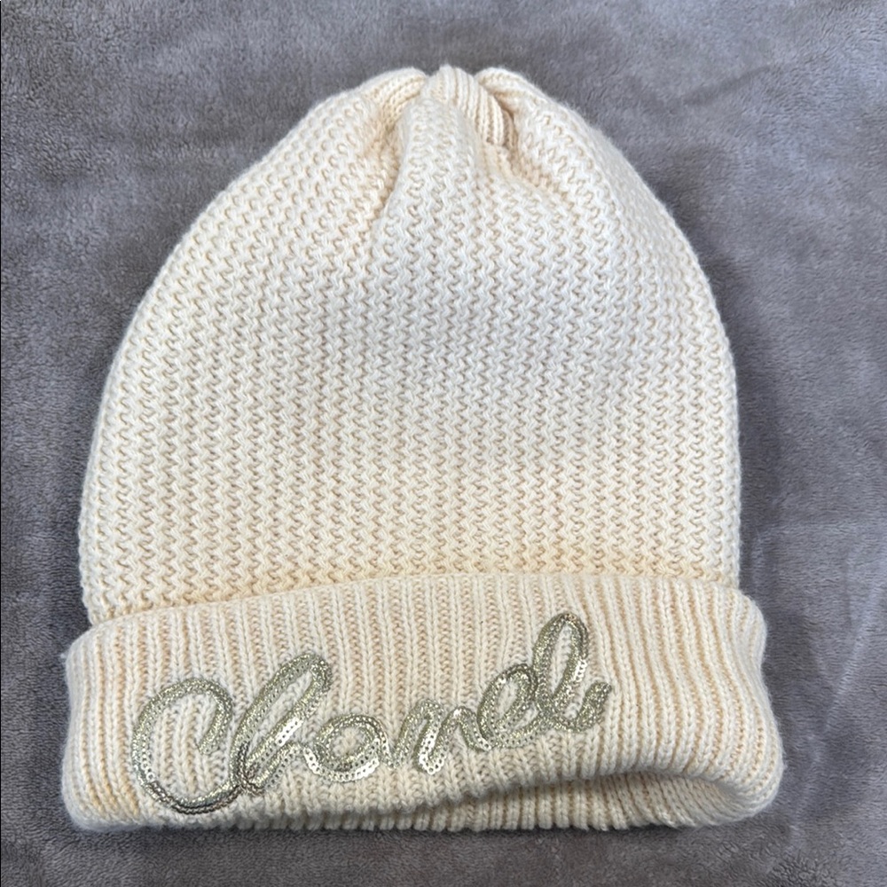 Chanel Ivory Knit Hat with Logo